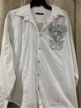 Rawyalty Men's White Embellished Crest Dress Shirt by